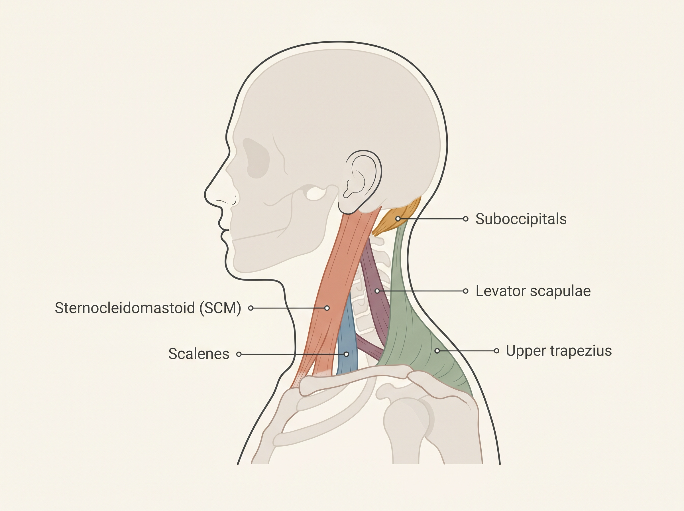 Simplified side-view illustration of the five neck muscles most involved in chronic neck pain: the suboccipitals at the base of the skull, the upper trapezius and levator scapulae across the back of the neck and shoulder, and the sternocleidomastoid and scalenes along the front and side of the neck.